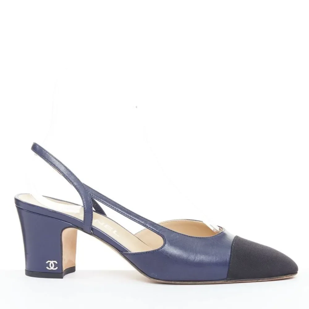 Chanel Blue Leather Grosgrain Cap Toe Slingback Pumps